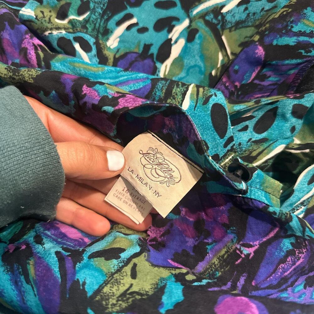 LUCI FELLINI Women's 16 Dress PURPLE GREEN HAWAIIAN FLORAL DRESS VTG 90S - Picture 3 of 4